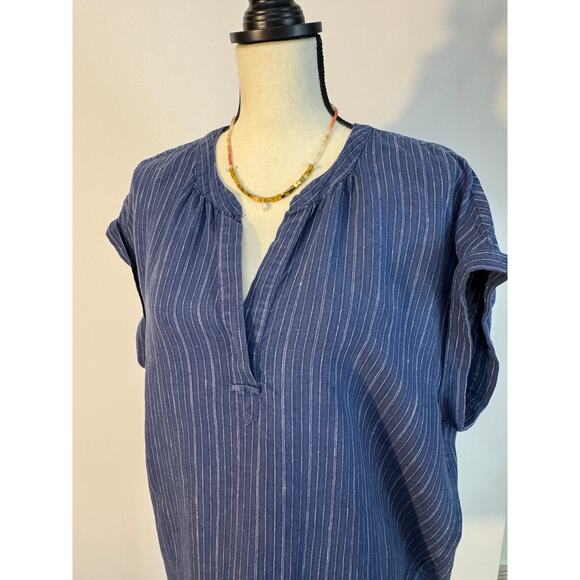 Lou & Grey Linen Top Women's Navy Stripe Cap Sleeve Blouse Blue Popover Shirt L - Picture 1 of 8